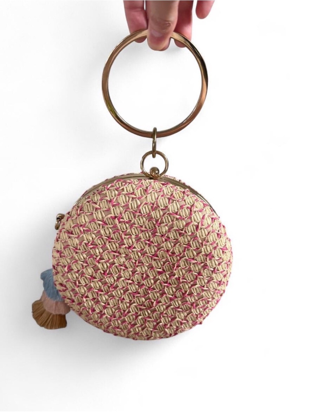 Woven Round Wristlet Bag in Pink and Cream